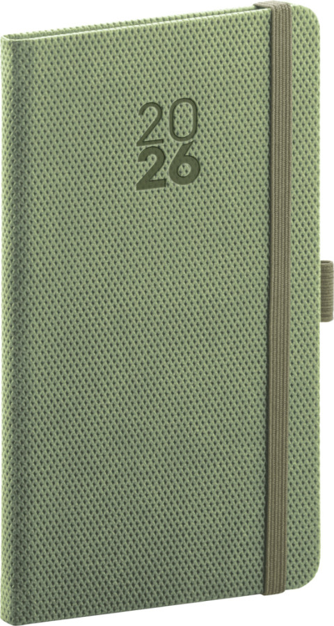 NOTIQUE Vreckový diár Diamante 2026, olivový, 9 x 15,5 cm