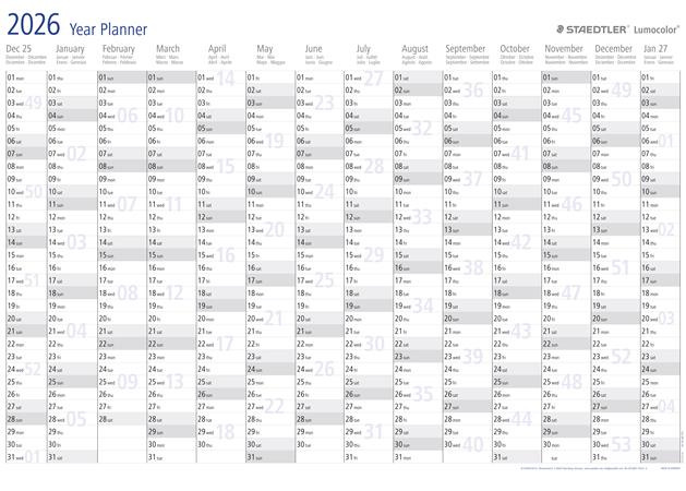 Ročný plánovač, stierateľný, v anglickom jazyku, 84x60 cm, STAEDTLER "Lumocolor® 641 YP",