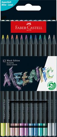 Farebné ceruzky, sada, trojhranné, FABER-CASTELL "Black Edition", 12 rôznych kovových far
