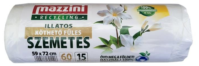 Vrecia na odpadky, recyklované, s uškom, parfumované, 60 l, 15 ks, 59x72 cm, 13 µ, MAZZINI