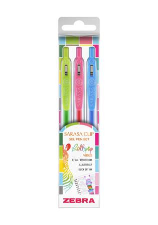 Sada gélových pier, 0,33 mm, s tlačidlom, ZEBRA „Sarasa Clip Lollipop“, 3 rôzne farby