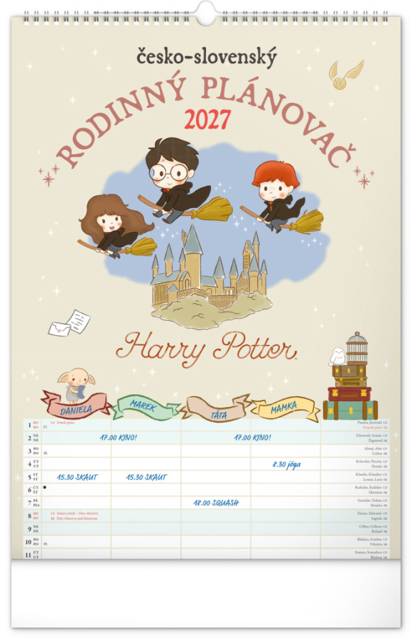 NOTIQUE Nástenný kalendár Rodinný plánovací Harry Potter XL CZ/SK 2027, 33 x 46 cm