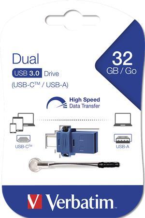 USB kľúč, 32GB, USB 3.0+USB-C adapter, VERBATIM "Dual"