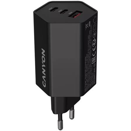 Sieťová nabíjačka, 1×USB-A, 2×USB-C, 65 W, CANYON „Hexagon 65“, čierna