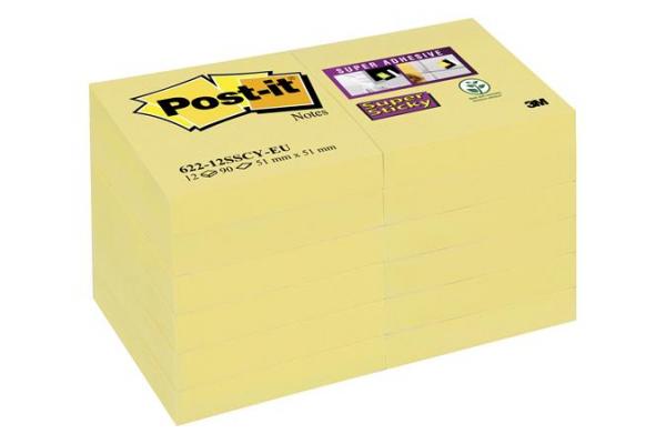 Samolepiaci bloček, 48x48 mm, 12x90 listov, 3M POSTIT "Super Sticky", žltý