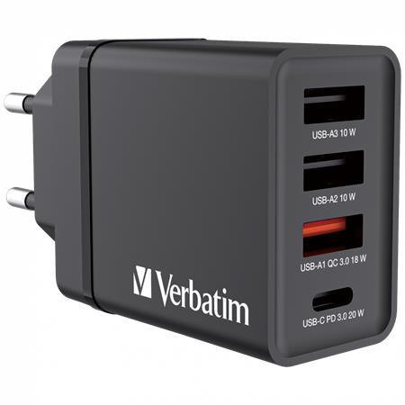Sieťová nabíjačka, 1xUSB-C PD (20W), USB-A QC 3.0, 2xUSB-A (10W), VERBATIM, čierna 1