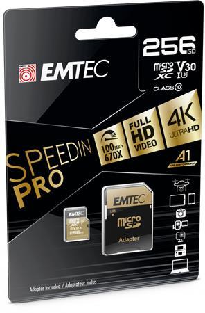 Pamäťová karta, microSDXC, 256GB, UHS-I/U3/V30/A2, 100/95 MB/s, adaptér, EMTEC "SpeedIN" 1