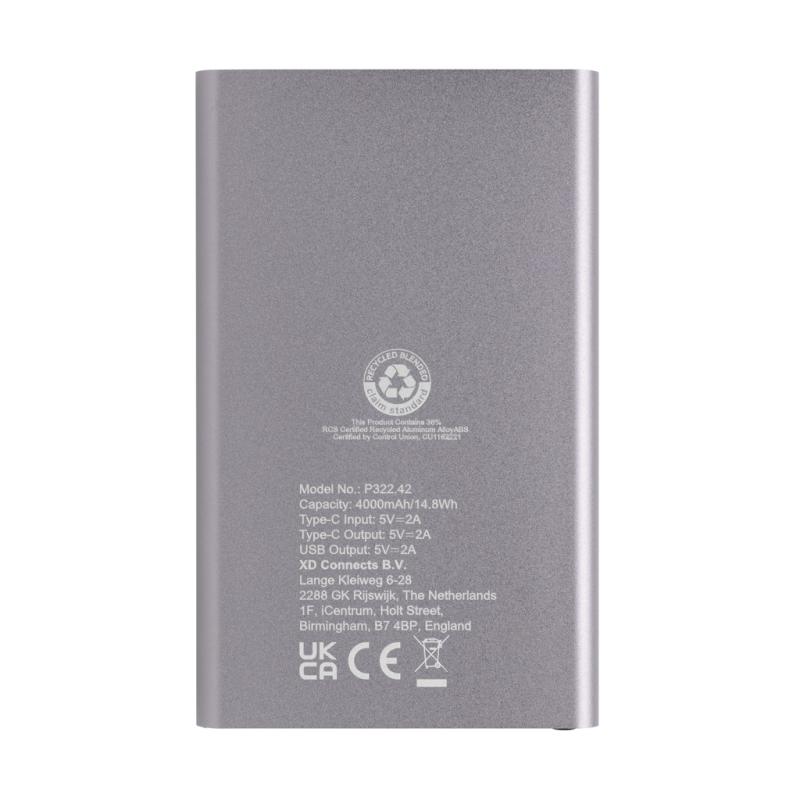 Powerbanka 4000mAh s USB C z RCS recykl. plastu a hliníka antracitová 5