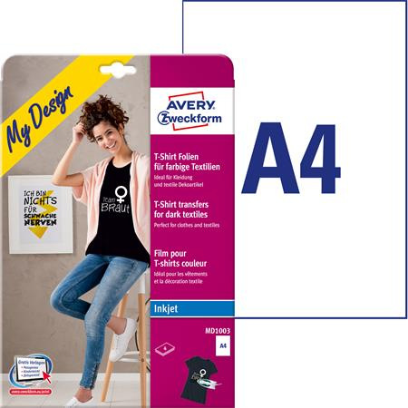 AVERY ZWECKFORM Nažehľovacia fólia, A4, do atramentových tlačiarní, na tmavý a farebný textil, AVERY ZWECK