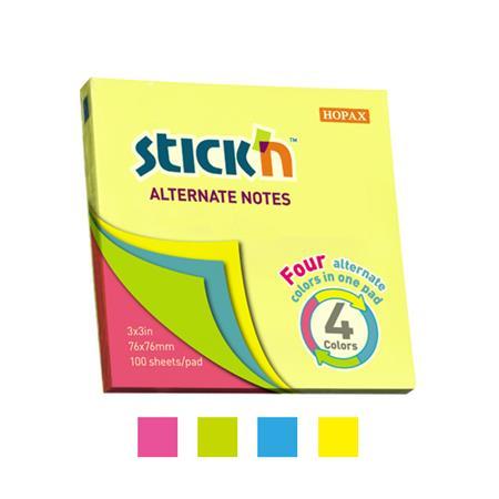Samolepiaci poznámkový blok, 76x76 mm, 100 listov, STICK N, neónové farby 1