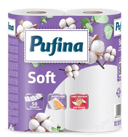 Papierové utierky, 2-vrstvové, 50 listov, 2 kotúče, PUFINA "Soft" 1