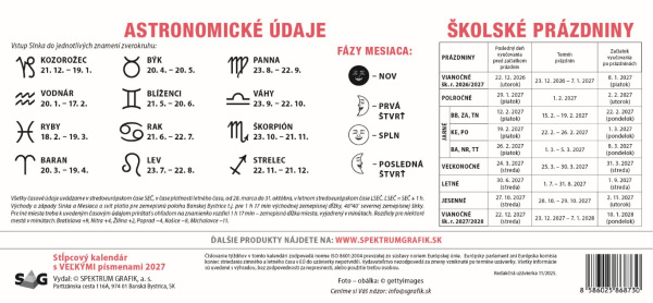 Stolový kalendár Stĺpcový s veľkými písmenami 2027 5