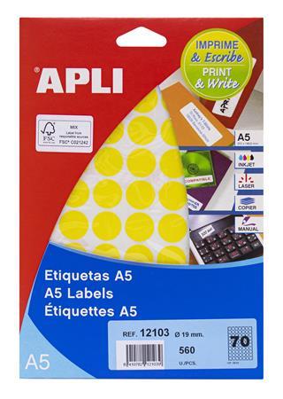 Etikety, okrúhle, priemer: 19 mm, farebné, na liste formátu A5, APLI, žlté, 560 etikiet/ba 2