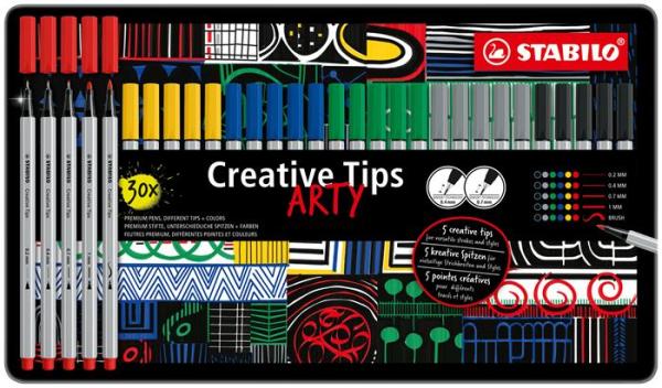Liner, sada, v kovovej krabičke, STABILO "Creative Tips ARTY", 6 rôznych farieb, 5 rôznych