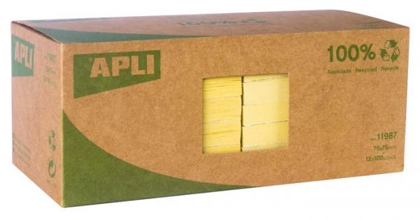 Samolepiaci bloček, 75x75 mm, 100 listov, z recyklovaného papiera, APLI, žltý 1