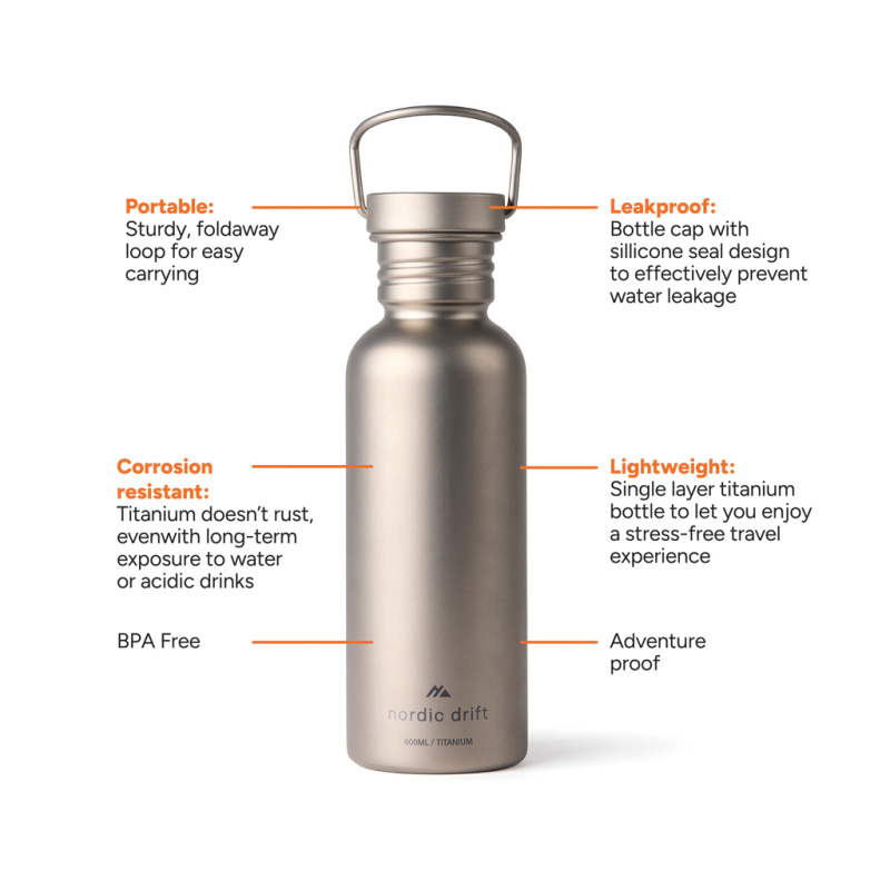 Nordic Drift Trail Ultra Ľahká Titánová Fľaša na vodu 600 ml strieborná 2