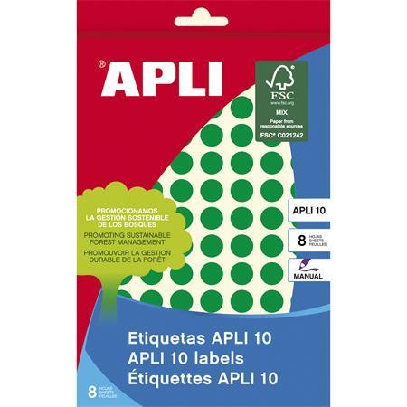 Etikety, okrúhle, priemer: 10 mm, ručne popisovateľné, farebné, APLI, zelené, 1008 etikiet