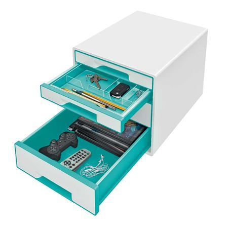 Zásuvkový box na dokumenty, plastový, 4 zásuvky, LEITZ "Wow Cube, biela/ľadovo modrá 3