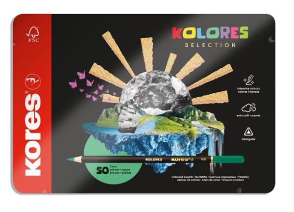 Farebné ceruzky, sada, trojhranné, kovová krabica, KORES "Kolores Selection", 50 rôznych f 1