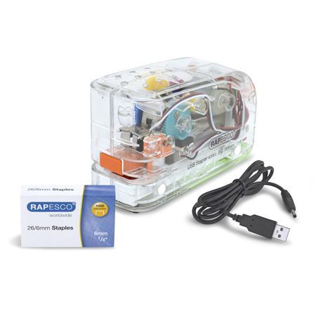 Zošívačka, 26/6, 15 listov, plastová, elektrická, s USB nabíjačkou, RAPESCO "626EL", pries