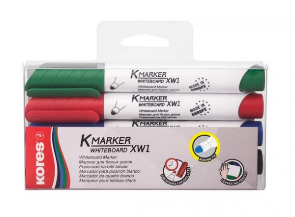Popisovač na biele a flipchartové tabule, sada, 1-3 mm, kužeľový KORES "K-Marker", 4 rôzne