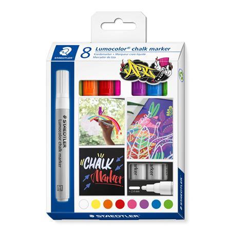 Kriedový popisovač, sada, 2,4 mm, kužeľový hrot, STAEDTLER "Lumocolor® 344", 8 rôznych far