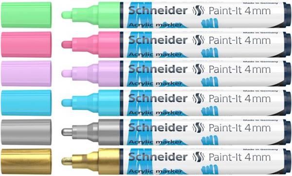 Akrylový popisovač, sada, 4 mm, SCHNEIDER "Paint-It 320", 6 rôznych farieb 2