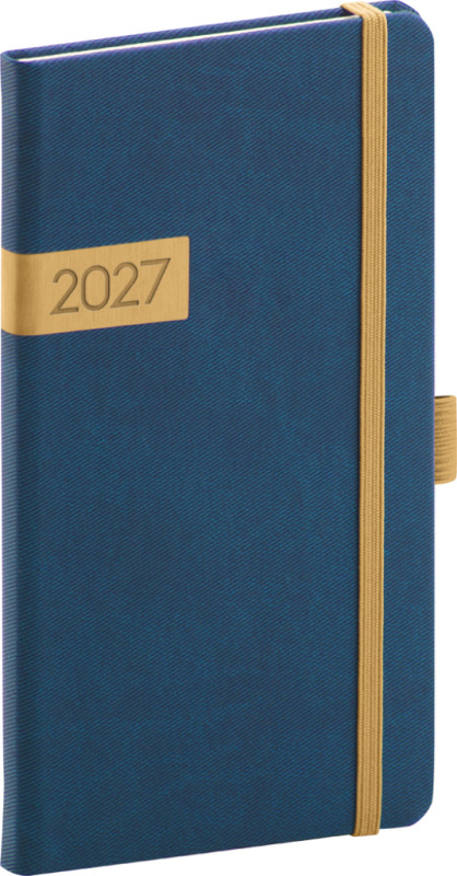 NOTIQUE Vreckový diár Twill 2027, modro-zlatý, 9 x 15,5 cm