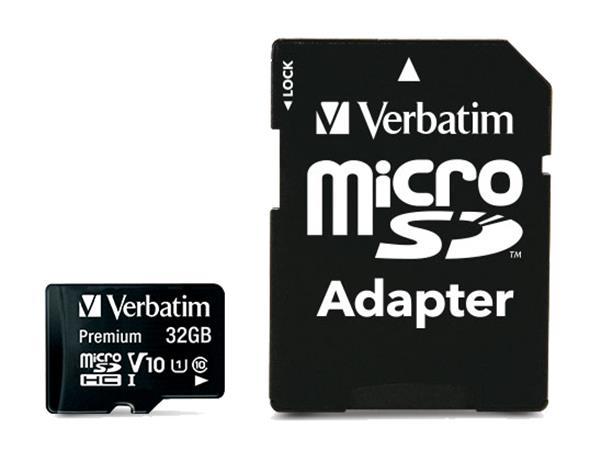 Pamäťová karta, microSDHC, 32GB, CL10/U1, 90/10 MB/s, s adaptérom, VERBATIM "Premium" 2