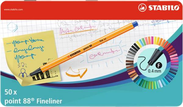 Liner, sada, 0,4 mm, plechová krabička, STABILO "Point 88", 47+3 rôznych farieb