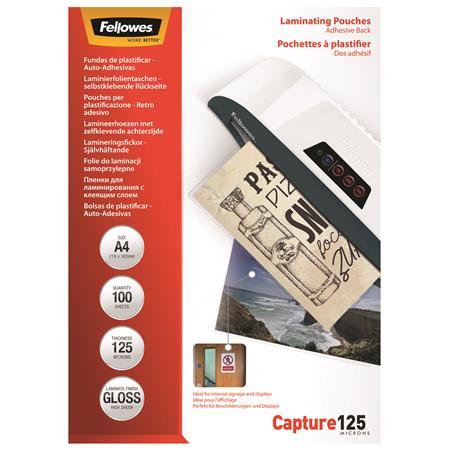 Laminovacia fólia, 125 mikr., A4, lesklá, samolepiaca, 100 ks, FELLOWES 1