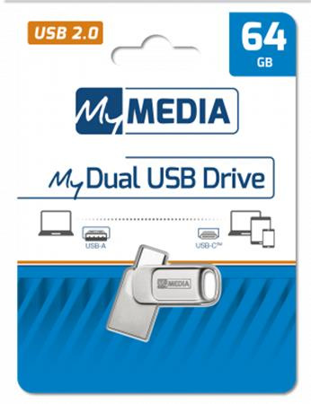 USB kľúč, 64GB, USB 2.0 + USB-C, hliníkový kryt, MYMEDIA "Dual" (by VERBATIM)