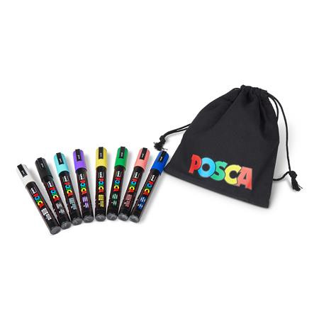 Dekoračný popisovač, sada, 1,8-2,5 mm, UNI "Posca Pouch PC-5M", 8 rôznych farieb, v puzdre 1