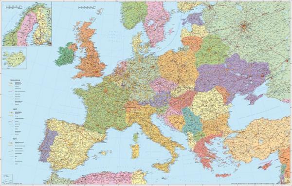 Nástenná mapa, 136x90 cm, kovová lišta, cestná mapa Európy, STIEFEL 1