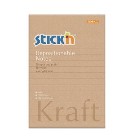 Samolepiaci poznámkový blok, linajkový, 150x101 mm, 100 listov, STICK N "Kraft Notes" 1