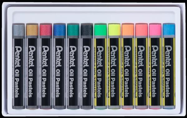Olejové kriedy, PENTEL, "Arts", 12 rôznych fluo a metalických farieb 2