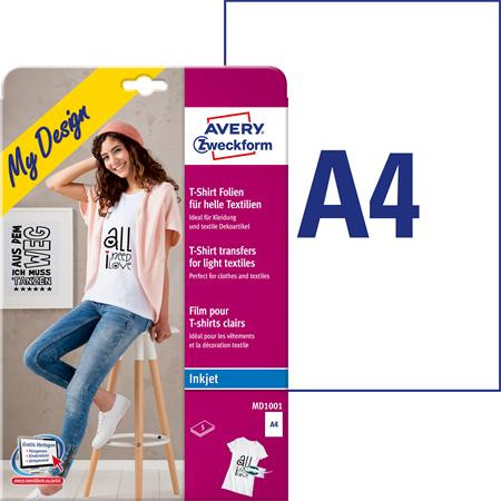 Nažehľovacia fólia, A4, do atramentových tlačiarní, na svetlý textil, AVERY ZWECKFORM