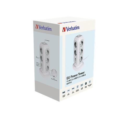 Predlžovací kábel, stojatý, 11 zásuviek, 2xUSB-A, 2xUSB-C, VERBATIM "EUPT-01" 2