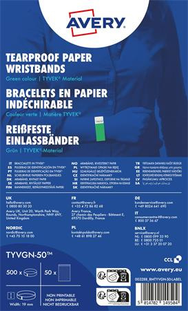 Identifikačný náramok, odolný proti roztrhnutiu,, 265x19 mm, AVERY ZWECKFORM "Tyvek", zele 1
