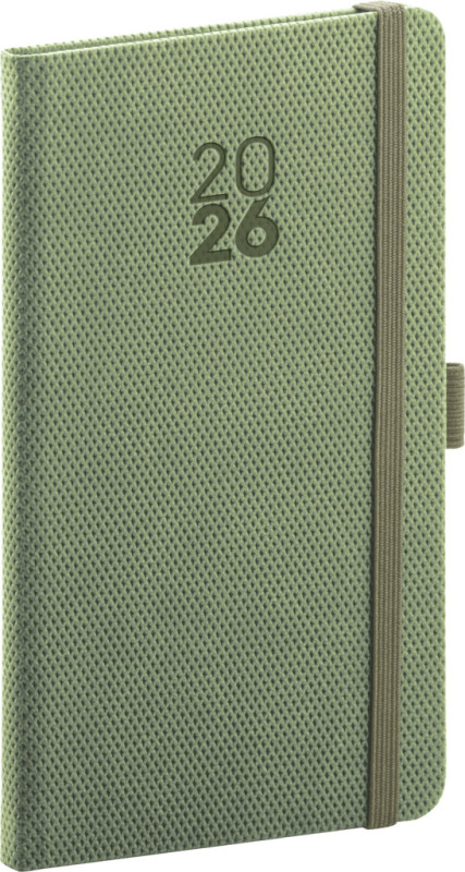 NOTIQUE Vreckový diár Diamante 2026, olivový, 9 x 15,5 cm