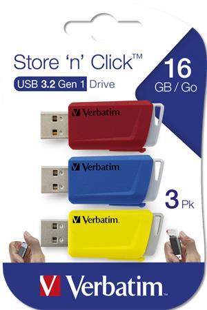 USB kľúč, 3 x 16GB, USB 3.2, 80/25MB/sec, VERBATIM "Store n Click", červená/modrá/žltá 1