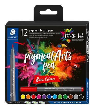 Fixka v tvare štetca, sada, STAEDTLER "Pigment brush 371", 12 rôznych základných farieb 1
