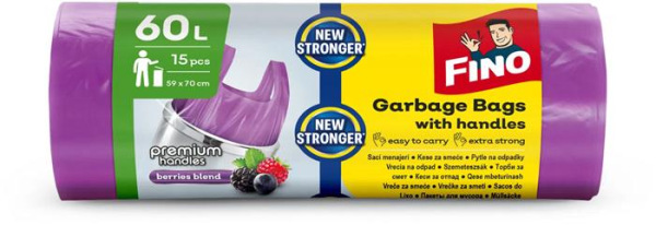 Vrecia na odpadky, s uškom, parfumované, 60 l, 15 ks, 59x70 cm, 16 µ, FINO "Premium handle