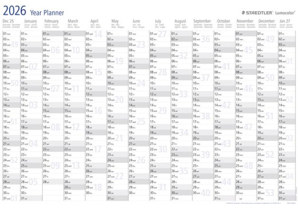 Ročný plánovač, stierateľný, v anglickom jazyku, 84x60 cm, STAEDTLER "Lumocolor® 641 YP", 1