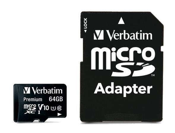 Pamäťová karta, microSDXC, 64GB, CL10/U1, 90/10 MB/s, s adaptérom, VERBATIM "Premium" 2