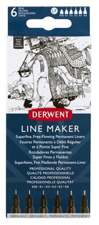 Liner, sada,  0,05/0,1/0,2/ 0,3/0,5/0,8 mm, DERWENT "Line Marker", čierny 1