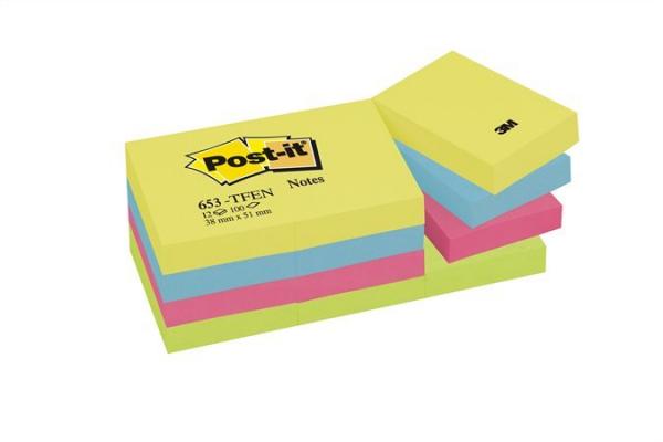 Samolepiaci bloček, 38x51 mm, 12x100 listov, 3M POSTIT, energické farby