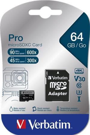 Pamäťová karta, microSDXC, 64 GB, CL10/U3, 90/45 MB/s, s adaptérom, VERBATIM "PRO" 1