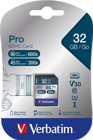 Pamäťová karta, SDHC, 32 GB, CL10/U3, 90/45MB/sec, VERBATIM "PRO" 1