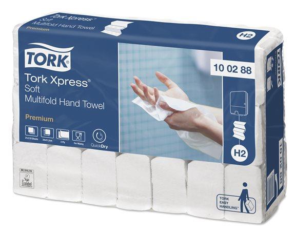 Papierové utierky, Interfold sklad, 2-vrstvové, H2 systém, Premium, TORK "Xpress® Soft Mul 2